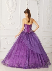 Purple Ball Gown Strapless Floor-length Satin and Organza Beading Sweet 16 Dress