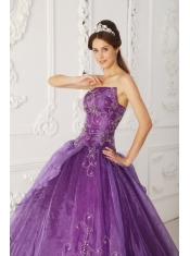Purple Ball Gown Strapless Floor-length Satin and Organza Beading Sweet 16 Dress