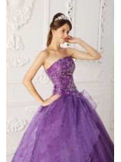 Purple Ball Gown Strapless Floor-length Satin and Organza Beading Sweet 16 Dress
