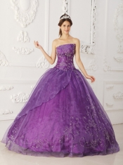 Purple Ball Gown Strapless Floor-length Satin and Organza Beading Sweet 16 Dress