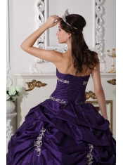 Purple Ball Gown Strapless Floor-length Taffeta Appliques Quinceanera Dress