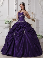 Purple Ball Gown Strapless Floor-length Taffeta Appliques Quinceanera Dress