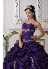 Purple Ball Gown Strapless Floor-length Taffeta Appliques Quinceanera Dress