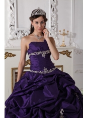 Purple Ball Gown Strapless Floor-length Taffeta Appliques Quinceanera Dress