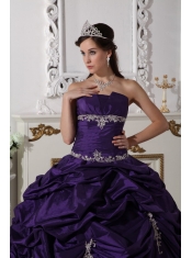 Purple Ball Gown Strapless Floor-length Taffeta Appliques Quinceanera Dress