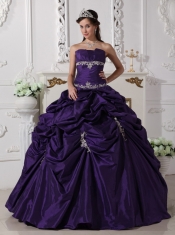 Purple Ball Gown Strapless Floor-length Taffeta Appliques Quinceanera Dress