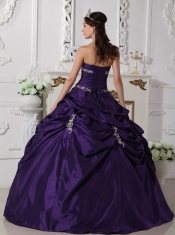 Purple Ball Gown Strapless Floor-length Taffeta Appliques Quinceanera Dress