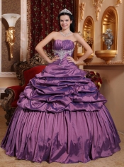 Purple Ball Gown Strapless Floor-length Taffeta Appliques Quinceanera Dress