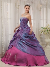 Purple Ball Gown Strapless Floor-length Taffeta Appliques Quinceanera Dress