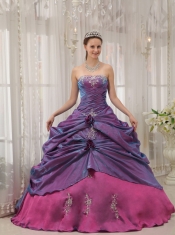 Purple Ball Gown Strapless Floor-length Taffeta Appliques Quinceanera Dress