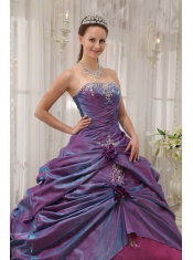 Purple Ball Gown Strapless Floor-length Taffeta Appliques Quinceanera Dress