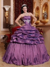 Purple Ball Gown Strapless Floor-length Taffeta Appliques Quinceanera Dress