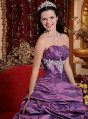 Purple Ball Gown Strapless Floor-length Taffeta Appliques Quinceanera Dress