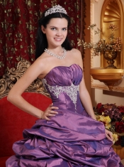 Purple Ball Gown Strapless Floor-length Taffeta Appliques Quinceanera Dress