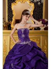 Purple Ball Gown Strapless Floor-length Taffeta Appliques Quinceanera Dress