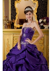 Purple Ball Gown Strapless Floor-length Taffeta Appliques Quinceanera Dress