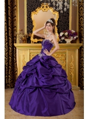 Purple Ball Gown Strapless Floor-length Taffeta Appliques Quinceanera Dress