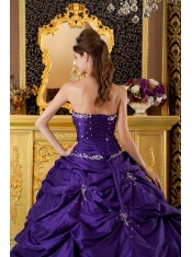 Purple Ball Gown Strapless Floor-length Taffeta Appliques Quinceanera Dress