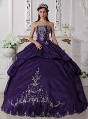 Purple Ball Gown Strapless Floor-length Taffeta Embroidery Quinceanera Dress