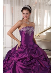 Purple Ball Gown Strapless Floor-length Taffeta Embroidery Quinceanera Dress