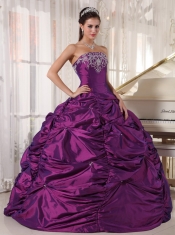 Purple Ball Gown Strapless Floor-length Taffeta Embroidery Quinceanera Dress