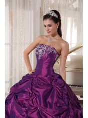 Purple Ball Gown Strapless Floor-length Taffeta Embroidery Quinceanera Dress