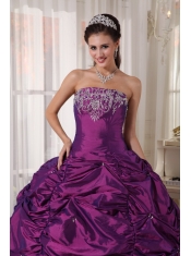 Purple Ball Gown Strapless Floor-length Taffeta Embroidery Quinceanera Dress