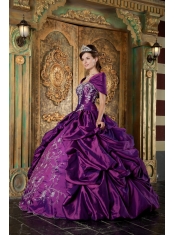 Purple Ball Gown Strapless Floor-length Taffeta Embroidery Quinceanera Dress