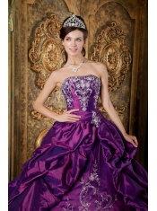 Purple Ball Gown Strapless Floor-length Taffeta Embroidery Quinceanera Dress