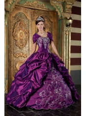 Purple Ball Gown Strapless Floor-length Taffeta Embroidery Quinceanera Dress