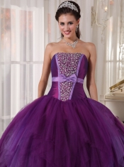 Purple Ball Gown Strapless Floor-length Tulle Beading Quinceanera Dress