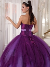 Purple Ball Gown Strapless Floor-length Tulle Beading Quinceanera Dress