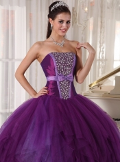 Purple Ball Gown Strapless Floor-length Tulle Beading Quinceanera Dress