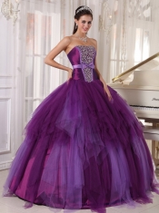 Purple Ball Gown Strapless Floor-length Tulle Beading Quinceanera Dress