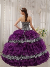 Purple Ball Gown Sweetheart Floor-length Zebra and Organza Beading Quinceanera Dress