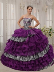 Purple Ball Gown Sweetheart Floor-length Zebra and Organza Beading Quinceanera Dress