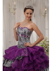 Purple Ball Gown Sweetheart Floor-length Zebra and Organza Beading Quinceanera Dress