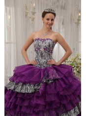 Purple Ball Gown Sweetheart Floor-length Zebra and Organza Beading Quinceanera Dress