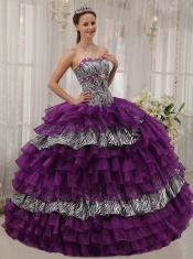 Purple Ball Gown Sweetheart Floor-length Zebra and Organza Beading Quinceanera Dress