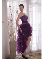 Purple Column Sweetheart High-low Organza Beading Prom / Cocktail Dress
