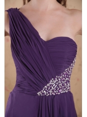 Purple Empire One Shoulder Floor-length Chiffon Beading and Ruch Prom Dress