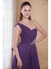Purple Empire One Shoulder Floor-length Chiffon Beading and Ruch Prom Dress