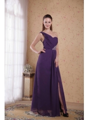 Purple Empire One Shoulder Floor-length Chiffon Beading and Ruch Prom Dress