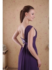 Purple Empire One Shoulder Floor-length Chiffon Beading and Ruch Prom Dress