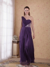 Purple Empire One Shoulder Floor-length Chiffon Beading and Ruch Prom Dress