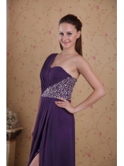 Purple Empire One Shoulder Floor-length Chiffon Beading and Ruch Prom Dress