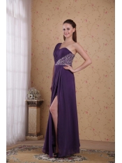 Purple Empire One Shoulder Floor-length Chiffon Beading and Ruch Prom Dress