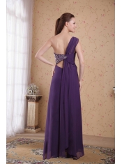 Purple Empire One Shoulder Floor-length Chiffon Beading and Ruch Prom Dress