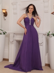 Purple Empire V-neck Brush Train Chiffon Beading and Ruch Prom / Pageant Dress