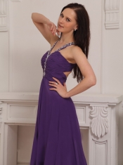 Purple Empire V-neck Brush Train Chiffon Beading and Ruch Prom / Pageant Dress